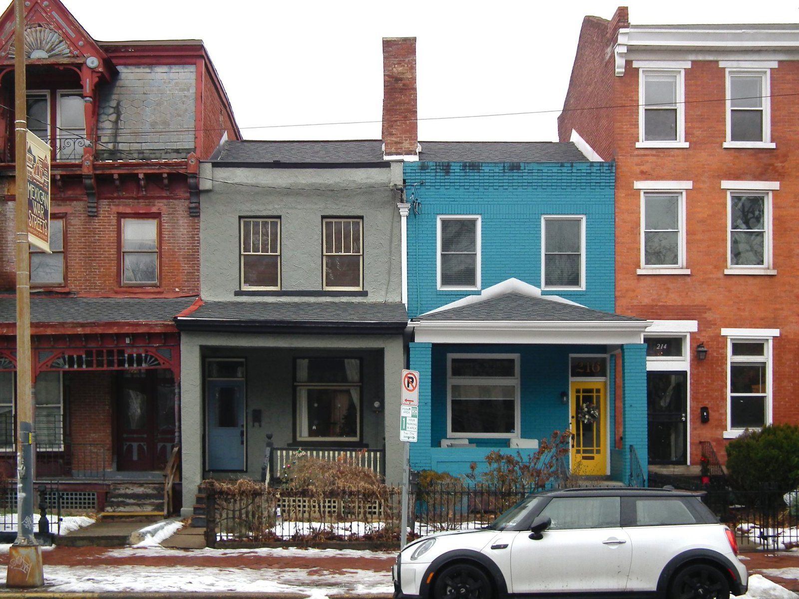 Brick houses on a Pittsburgh street.